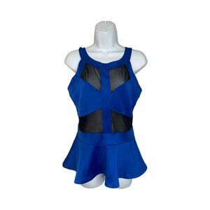 Sz.M*Top 10*Blue/Black Blouse With Black Sheer Insets & Peplum